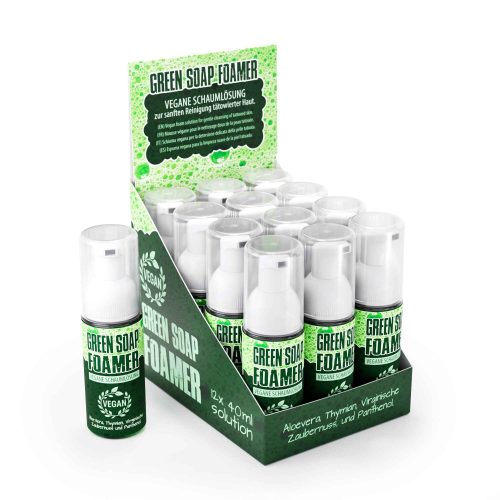 Display mit BELIEVA Green Soap Foamer 40 ml – gebrauchsfertige Fertigmischung.