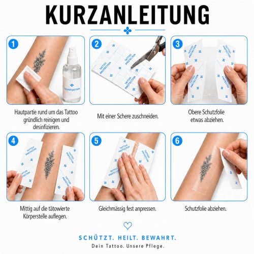 Kurzanleitung mit Bildern: Second Skin „Tattoo Protection“ zuschneiden und auf die tätowierte Stelle aufbringen.